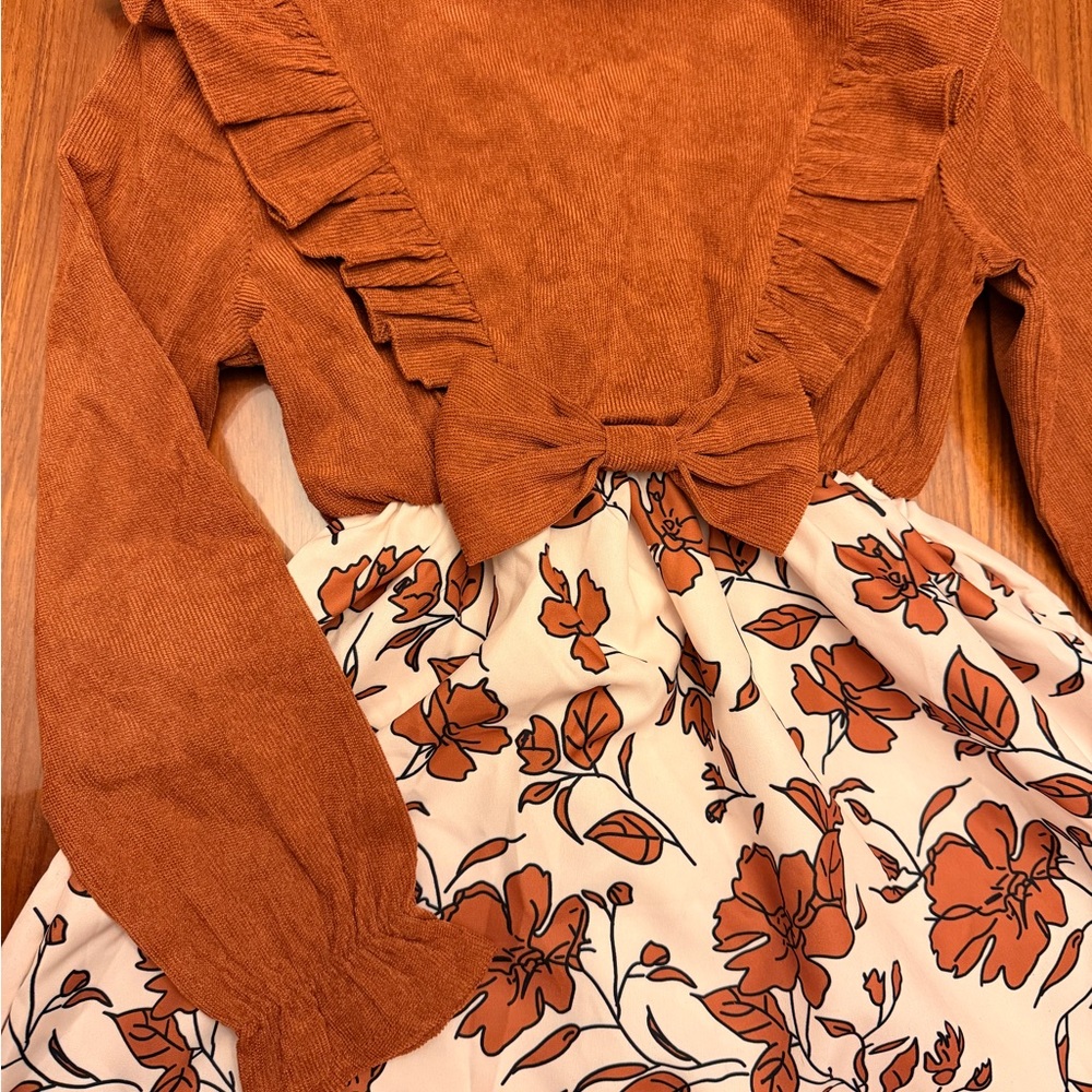 Size 8 girls brown/white ribbed ruffle dress with long sleeves & floral skirt - Picture 2 of 4